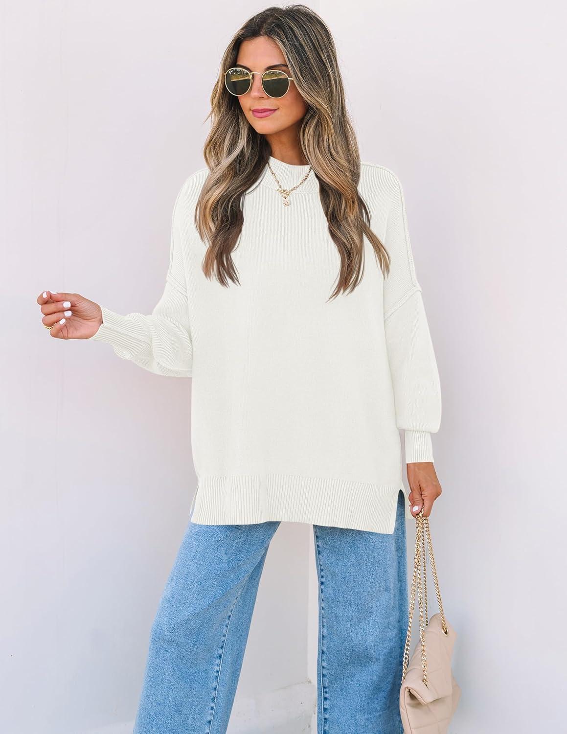 imageZESICA Womens Fall 2026 Casual Long Sleeve Crew Neck Side Slit Oversized Ribbed Knit Pullover Sweater TopsWhite