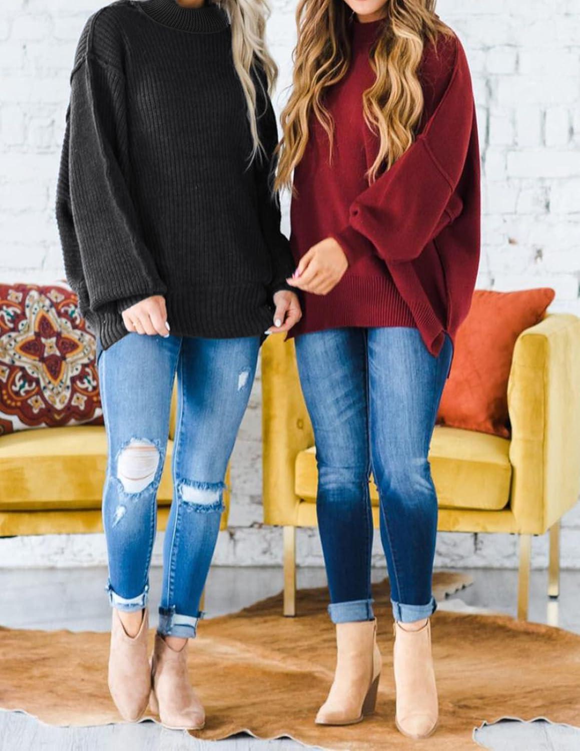 imageZESICA Womens Fall 2026 Casual Long Sleeve Crew Neck Side Slit Oversized Ribbed Knit Pullover Sweater TopsWine