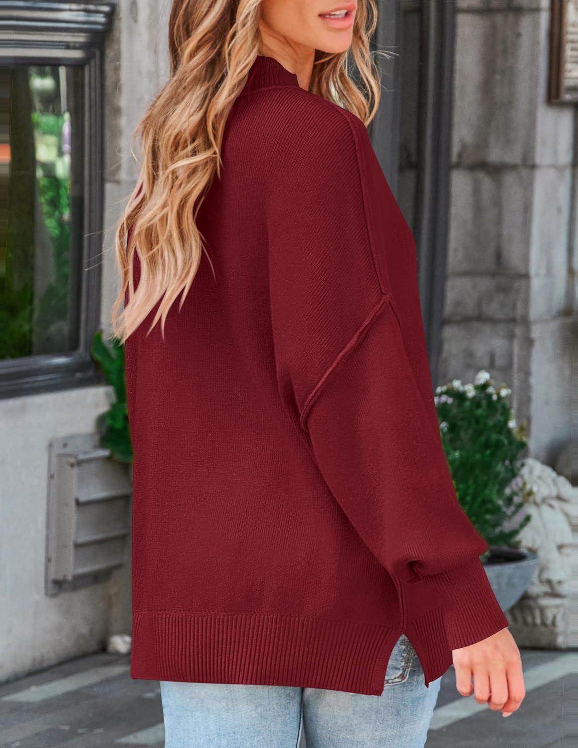 imageZESICA Womens Fall 2026 Casual Long Sleeve Crew Neck Side Slit Oversized Ribbed Knit Pullover Sweater TopsWine