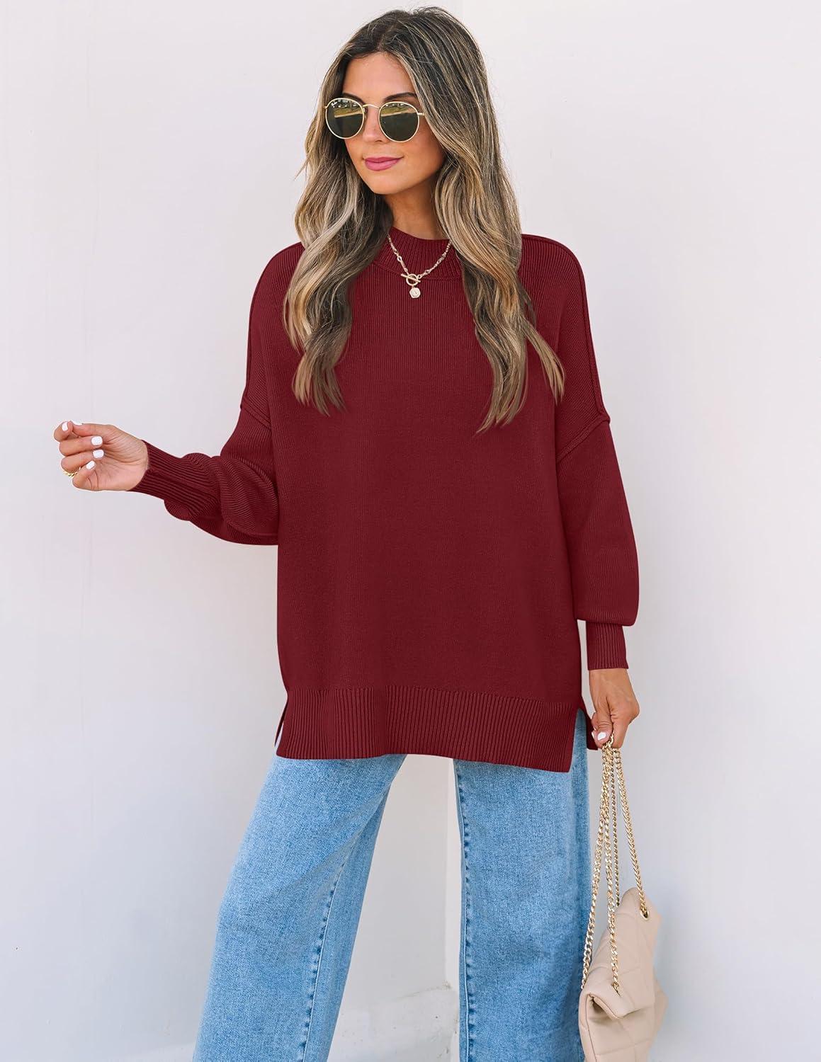 imageZESICA Womens Fall 2026 Casual Long Sleeve Crew Neck Side Slit Oversized Ribbed Knit Pullover Sweater TopsWine