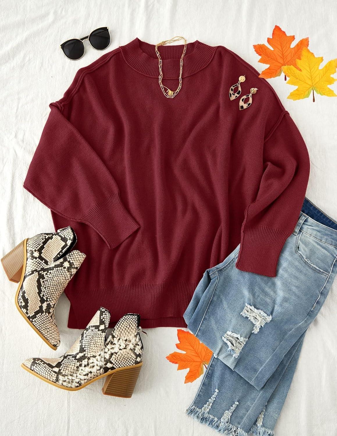 imageZESICA Womens Fall 2026 Casual Long Sleeve Crew Neck Side Slit Oversized Ribbed Knit Pullover Sweater TopsWine