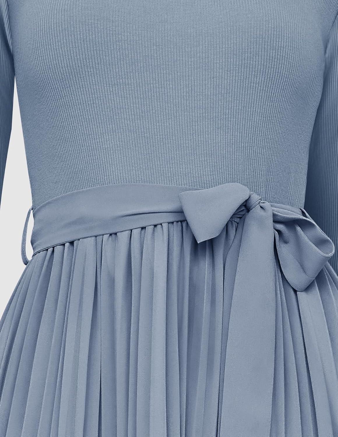 imageZESICA Womens Fall Long Sleeve Midi Dress 2025 Casual Crewneck Knit Belted Pleated A Line Flowy Party DressesDusty Blue