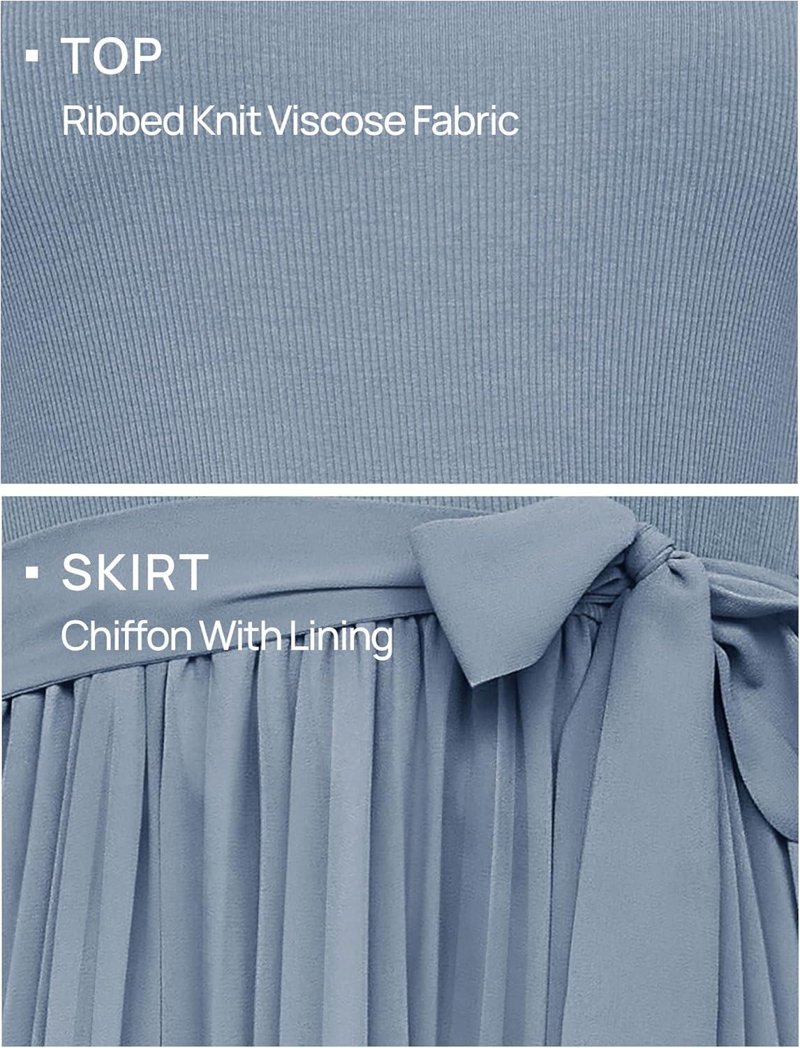 imageZESICA Womens Fall Long Sleeve Midi Dress 2025 Casual Crewneck Knit Belted Pleated A Line Flowy Party DressesDusty Blue