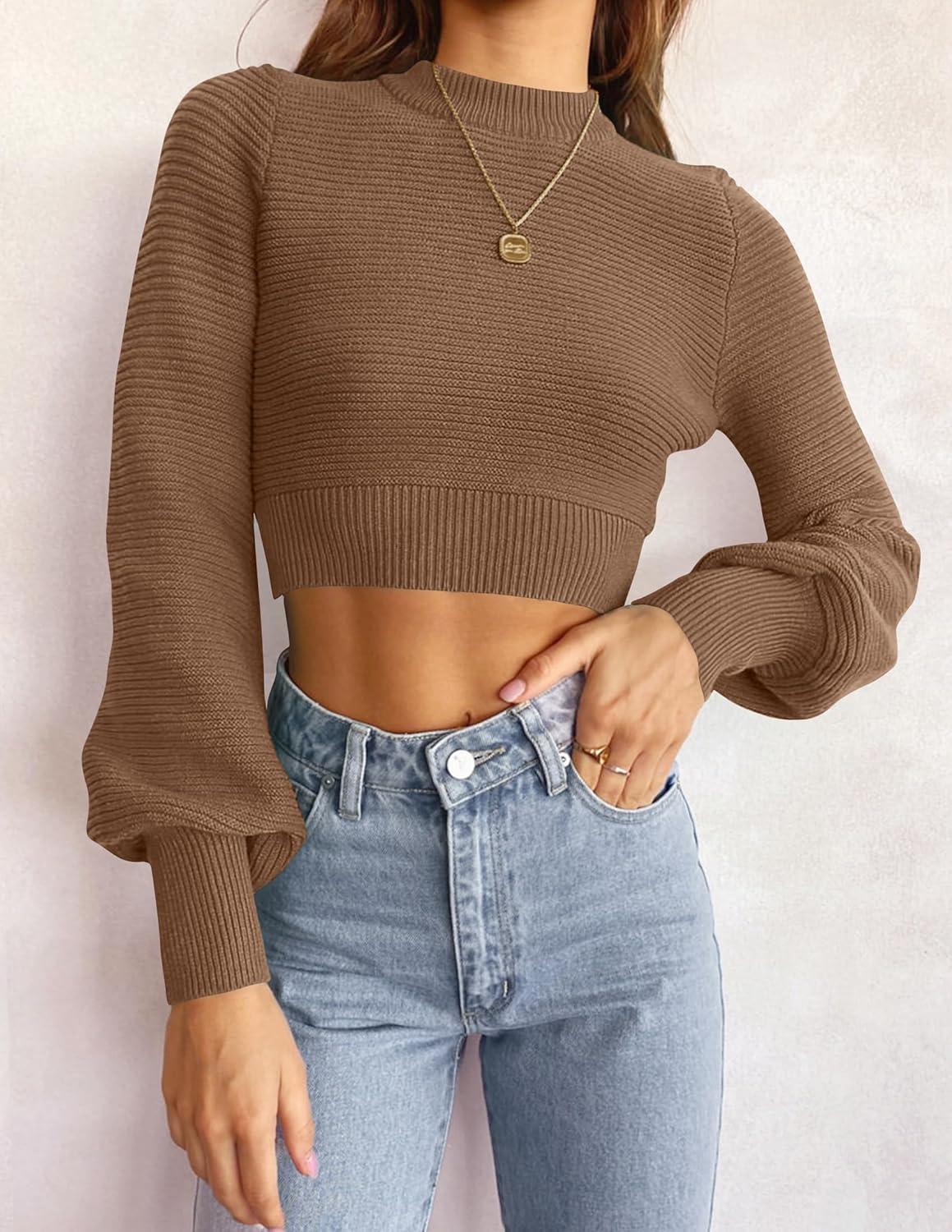 imageZESICA Womens Fall Mock Neck Cropped Sweaters 2026 Long Sleeve Soft Ribbed Knit Pullover Jumper TopsKhaki