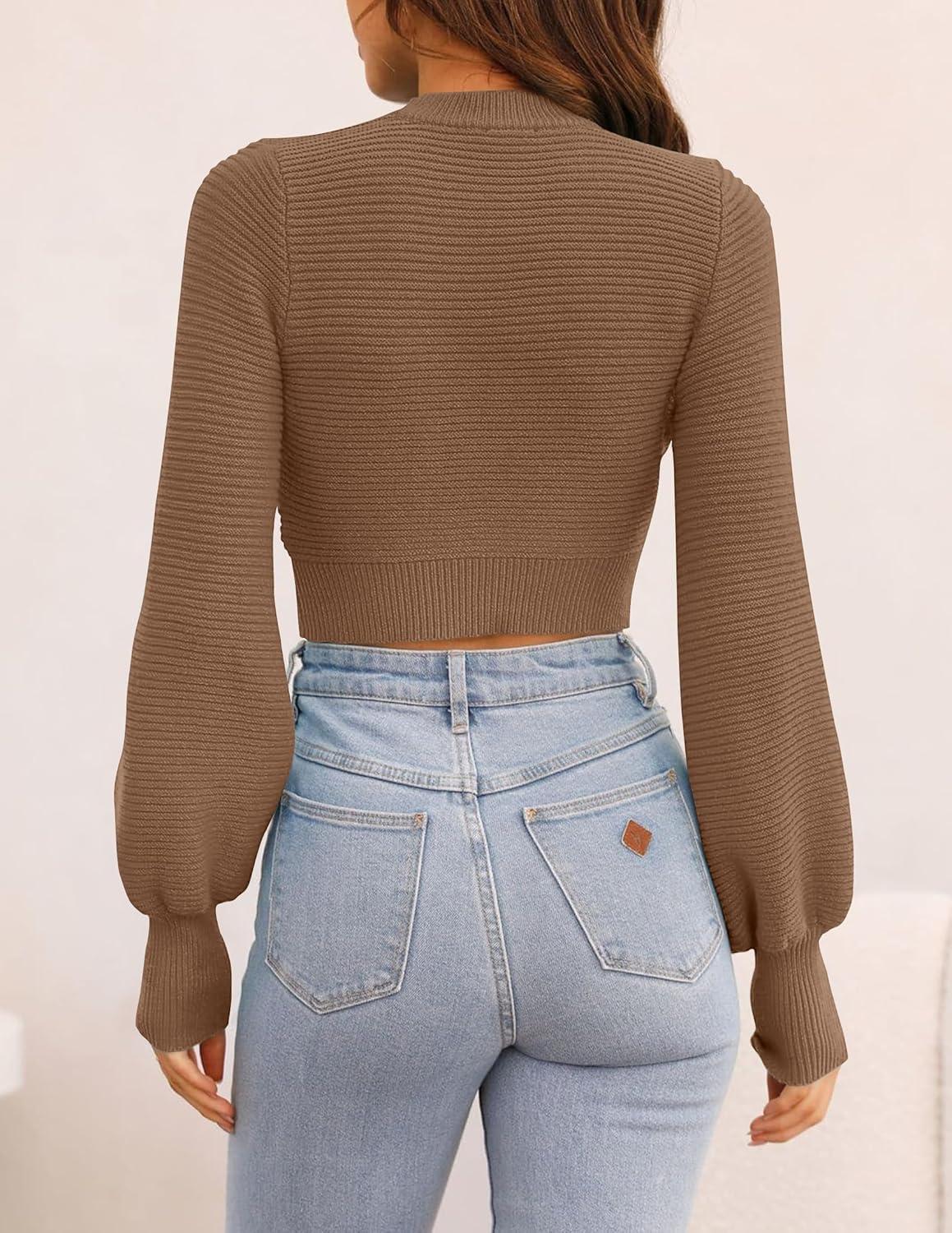 imageZESICA Womens Fall Mock Neck Cropped Sweaters 2026 Long Sleeve Soft Ribbed Knit Pullover Jumper TopsKhaki