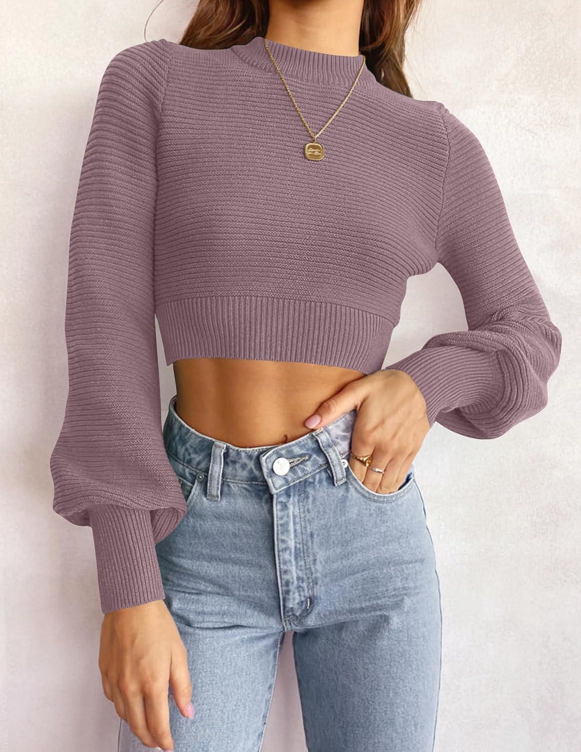 imageZESICA Womens Fall Mock Neck Cropped Sweaters 2026 Long Sleeve Soft Ribbed Knit Pullover Jumper TopsPurple