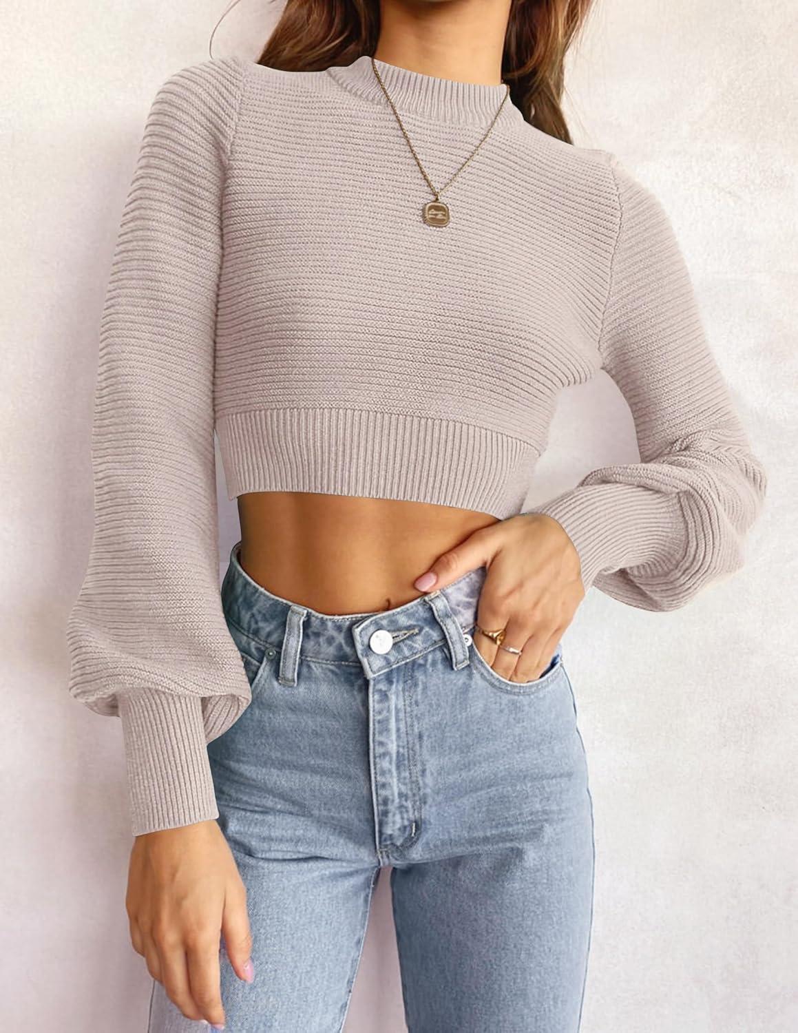 imageZESICA Womens Fall Mock Neck Cropped Sweaters 2026 Long Sleeve Soft Ribbed Knit Pullover Jumper TopsSand