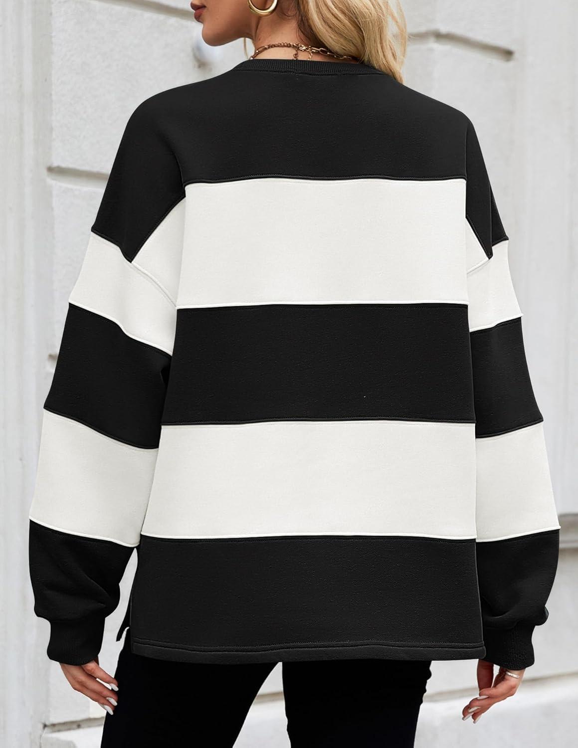 imageZESICA Womens Fall Sweatshirt Tops Crewneck Long Sleeve Loose Oversized Striped Fleece Pullover 2026 ClothesBlack
