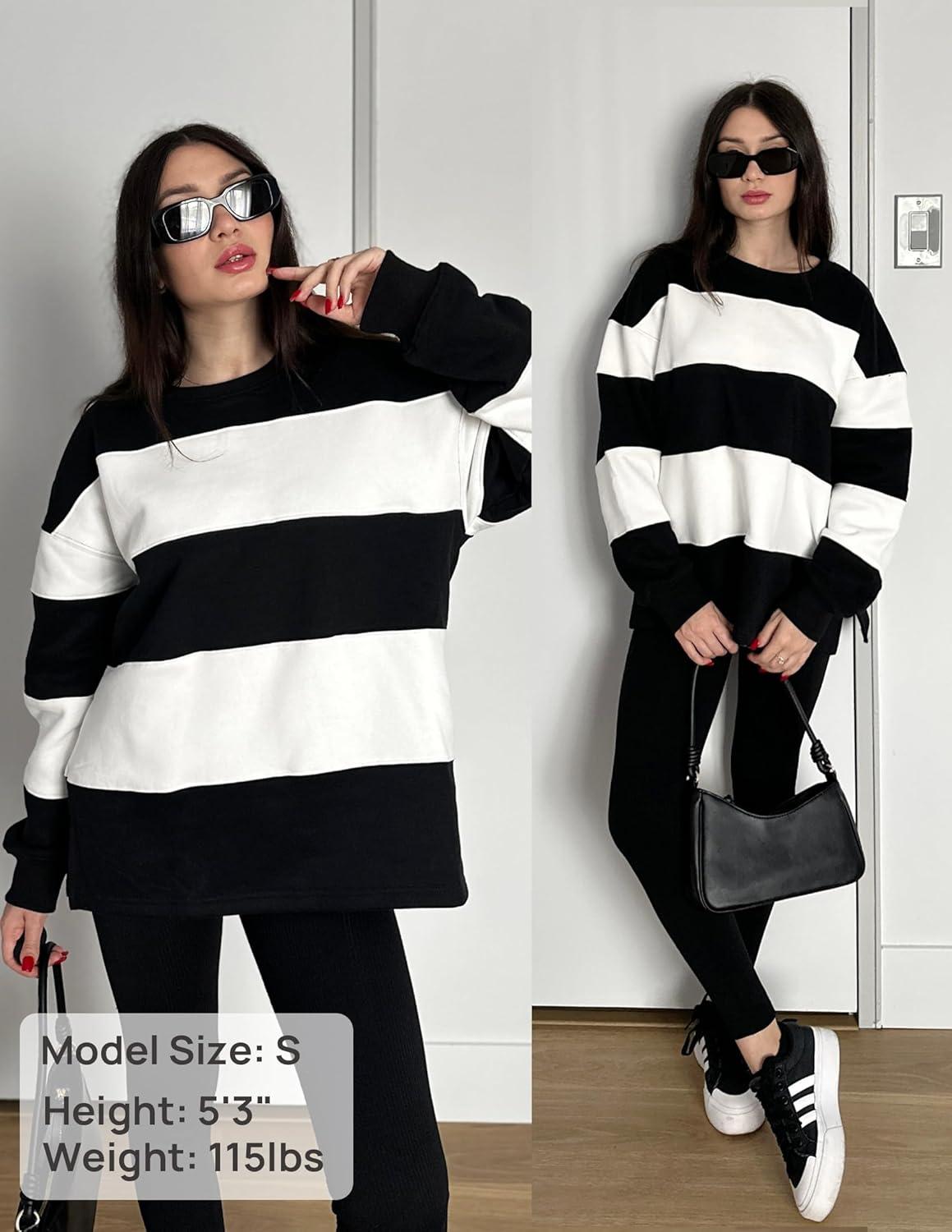 imageZESICA Womens Fall Sweatshirt Tops Crewneck Long Sleeve Loose Oversized Striped Fleece Pullover 2026 ClothesBlack