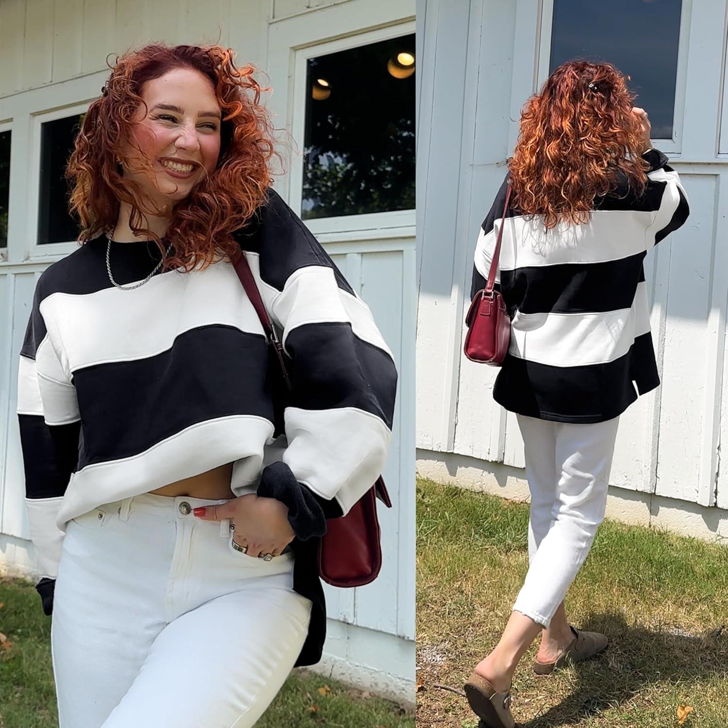 imageZESICA Womens Fall Sweatshirt Tops Crewneck Long Sleeve Loose Oversized Striped Fleece Pullover 2026 ClothesBlack