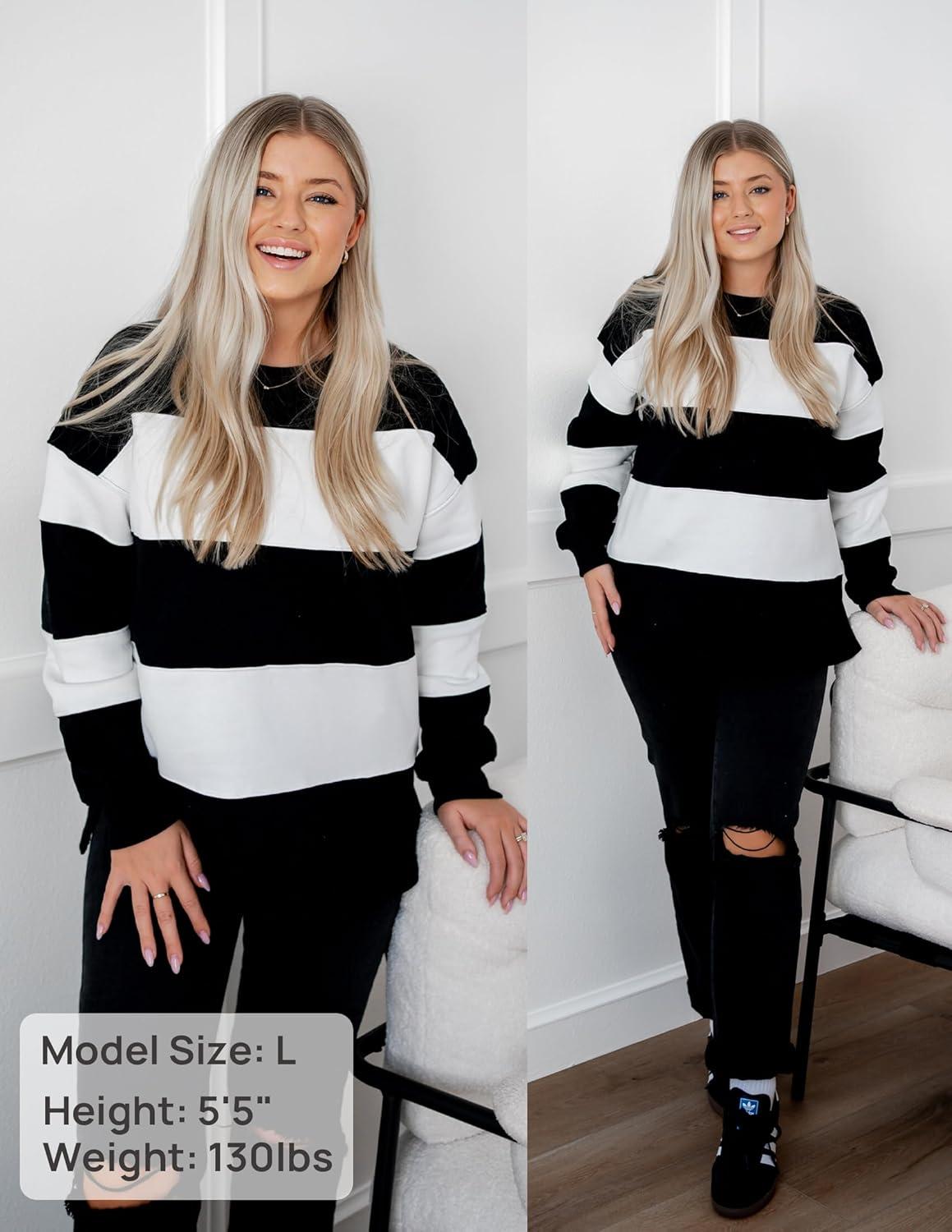 imageZESICA Womens Fall Sweatshirt Tops Crewneck Long Sleeve Loose Oversized Striped Fleece Pullover 2026 ClothesBlack