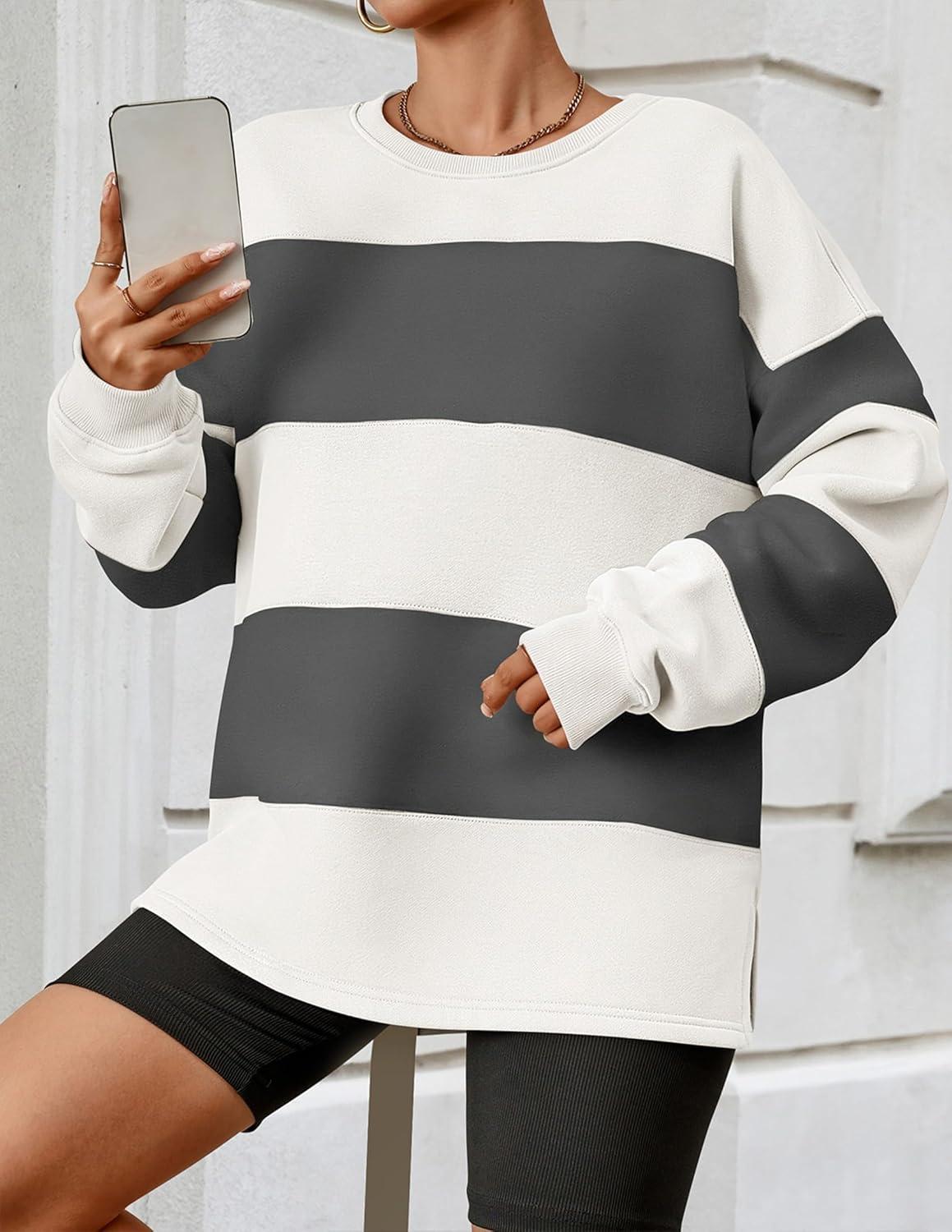 imageZESICA Womens Fall Sweatshirt Tops Crewneck Long Sleeve Loose Oversized Striped Fleece Pullover 2026 ClothesGrey