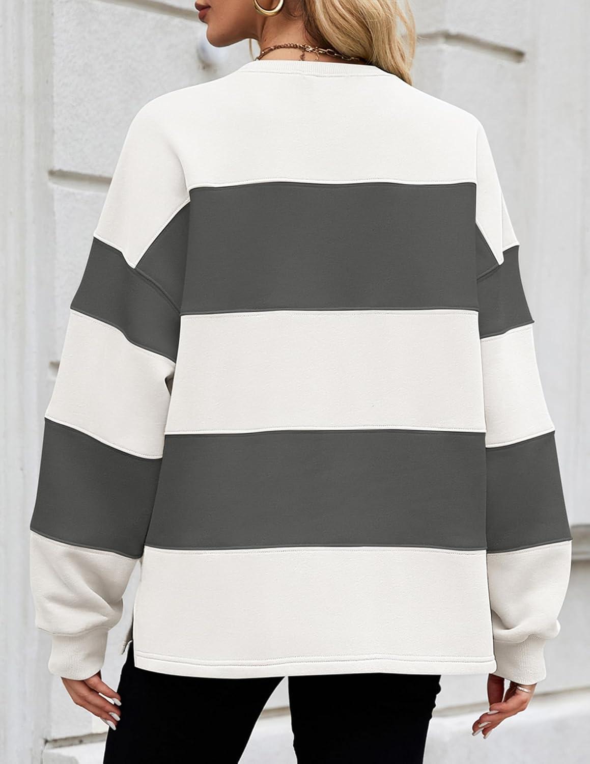 imageZESICA Womens Fall Sweatshirt Tops Crewneck Long Sleeve Loose Oversized Striped Fleece Pullover 2026 ClothesGrey