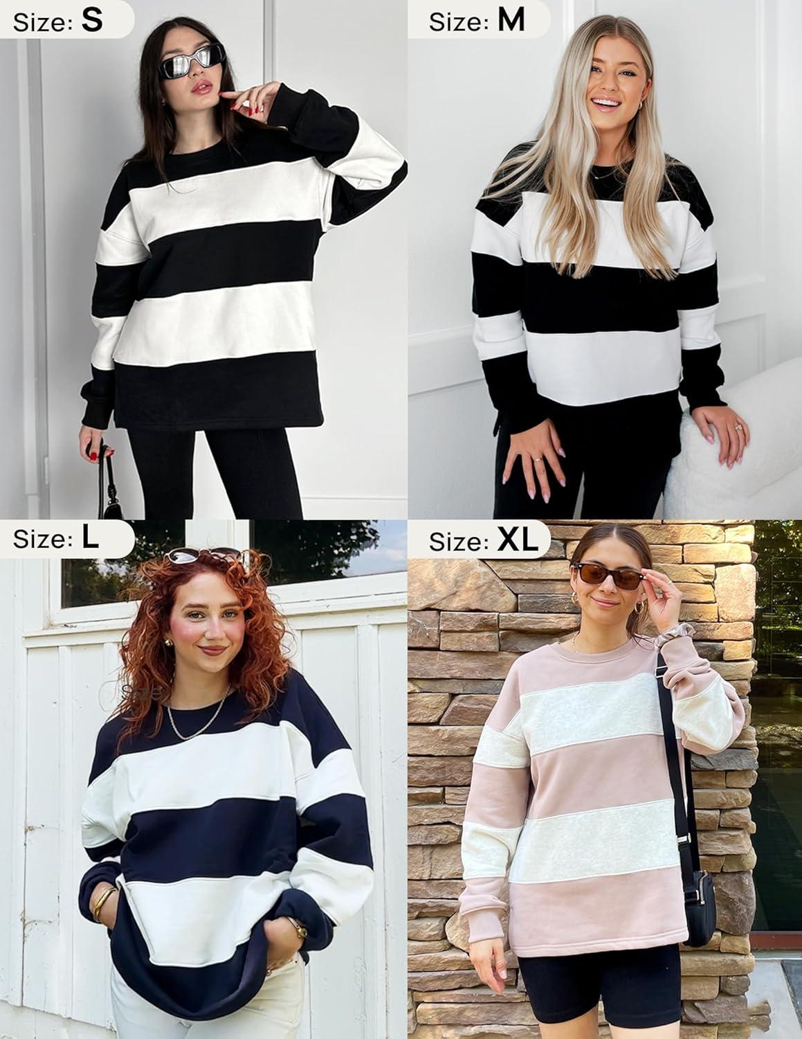 imageZESICA Womens Fall Sweatshirt Tops Crewneck Long Sleeve Loose Oversized Striped Fleece Pullover 2026 ClothesGrey