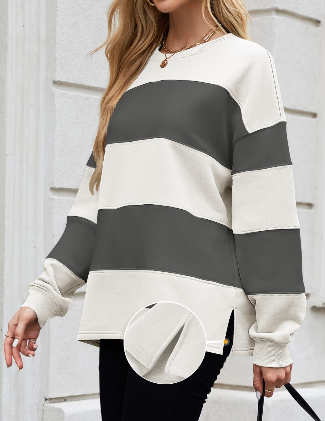 imageZESICA Womens Fall Sweatshirt Tops Crewneck Long Sleeve Loose Oversized Striped Fleece Pullover 2026 ClothesGrey