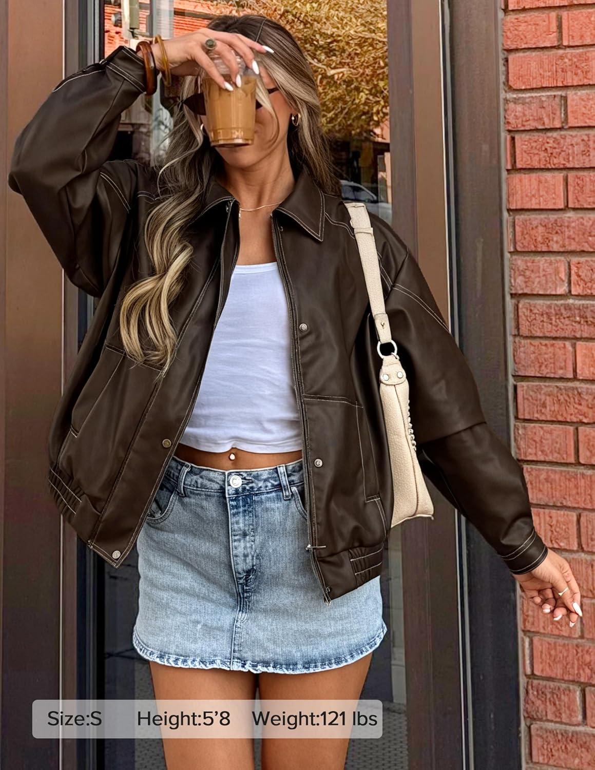 imageZESICA Womens Faux Leather Jacket Oversized Zipper Motorcycle Coats 2026 Spring Fashion Trendy Clothes OutfitsDarkcoffee