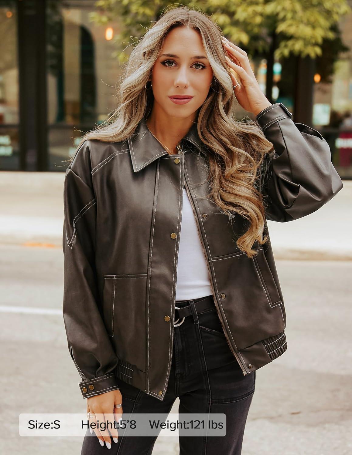 imageZESICA Womens Faux Leather Jacket Oversized Zipper Motorcycle Coats 2026 Spring Fashion Trendy Clothes OutfitsDarkcoffee