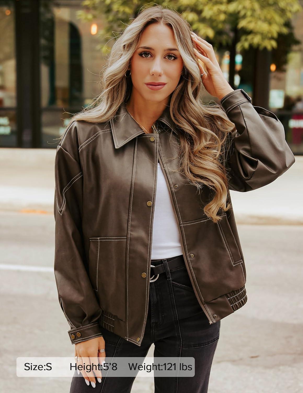 imageZESICA Womens Faux Leather Jacket Oversized Zipper Motorcycle Coats 2026 Spring Fashion Trendy Clothes OutfitsKhaki