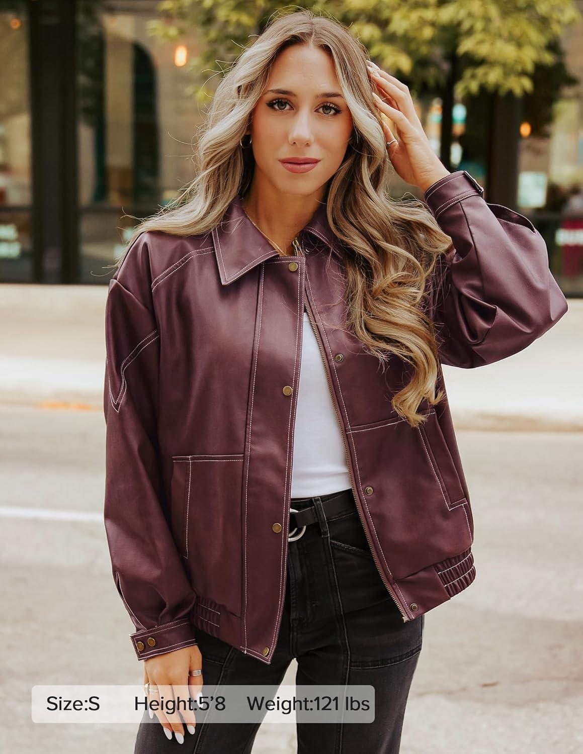 imageZESICA Womens Faux Leather Jacket Oversized Zipper Motorcycle Coats 2026 Spring Fashion Trendy Clothes OutfitsWine