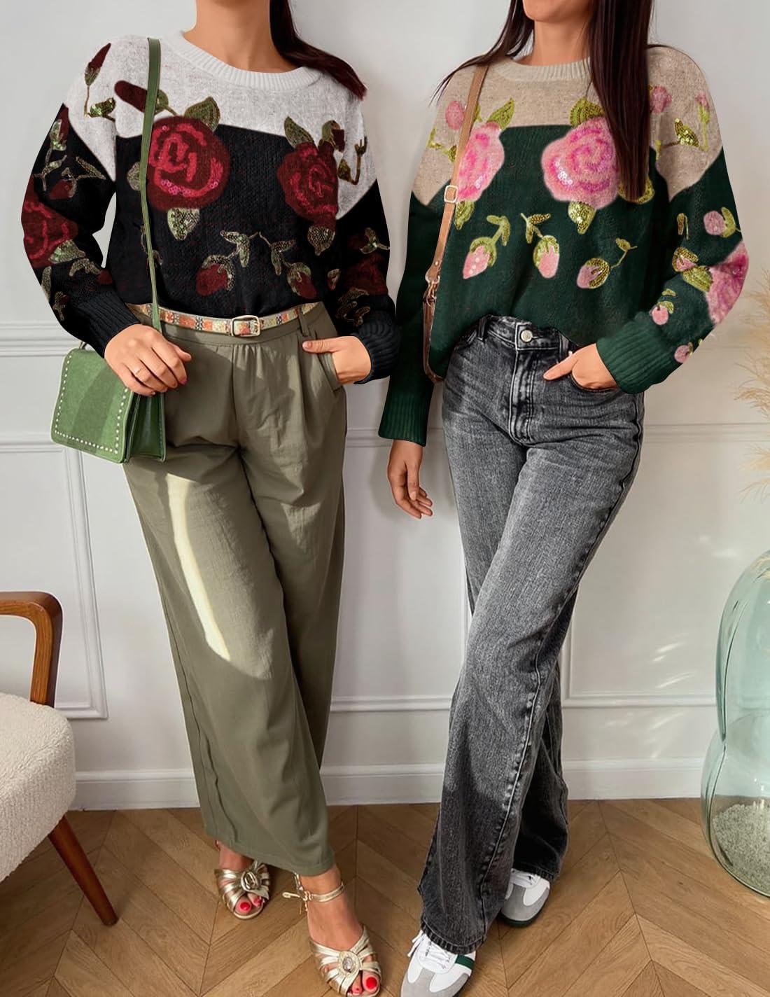 imageZESICA Womens Floral Oversized Sweaters 2026 Fall Crewneck Long Sleeve Casual Chunky Knit Pullover Sweater TopsBlack