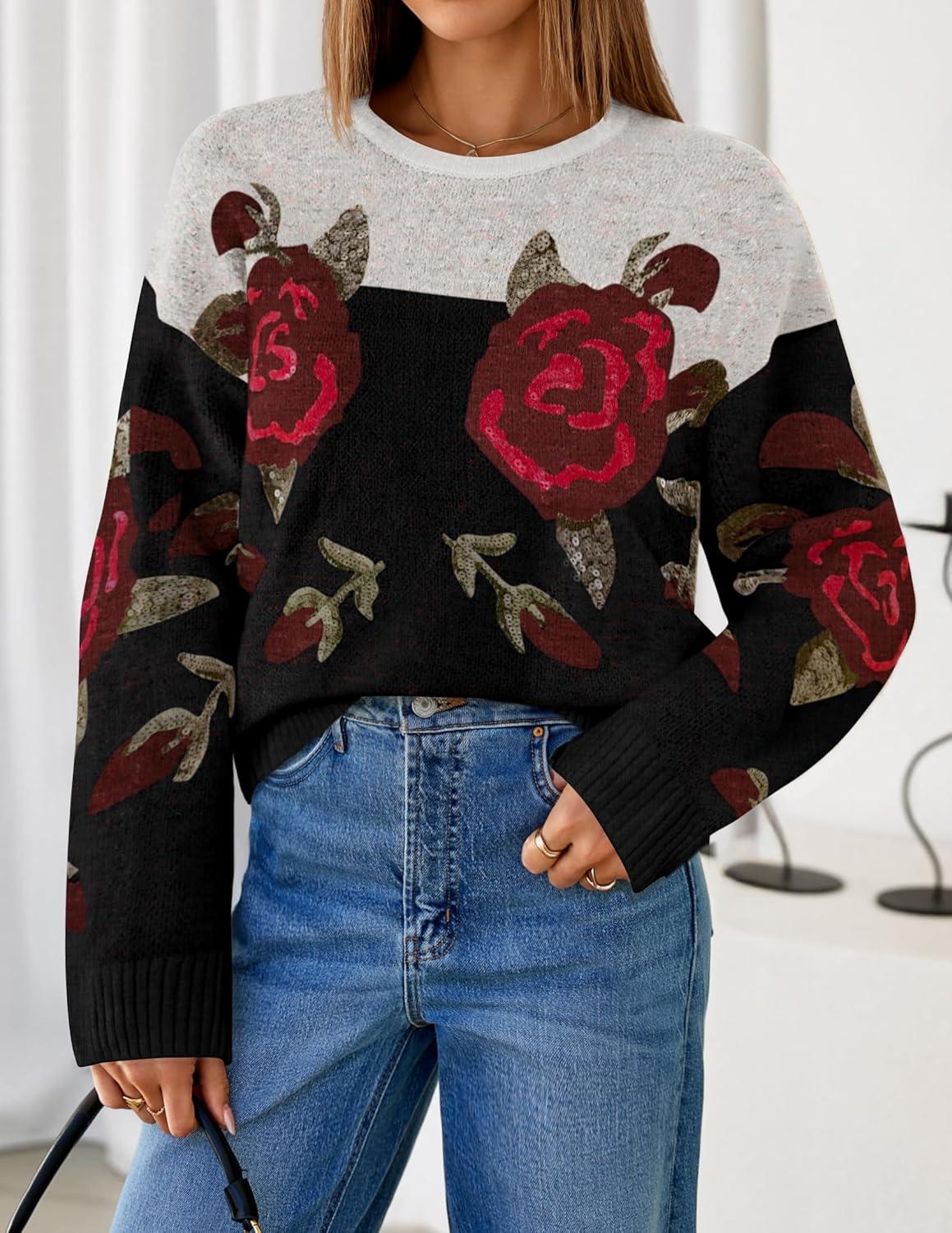 imageZESICA Womens Floral Oversized Sweaters 2026 Fall Crewneck Long Sleeve Casual Chunky Knit Pullover Sweater TopsBlack