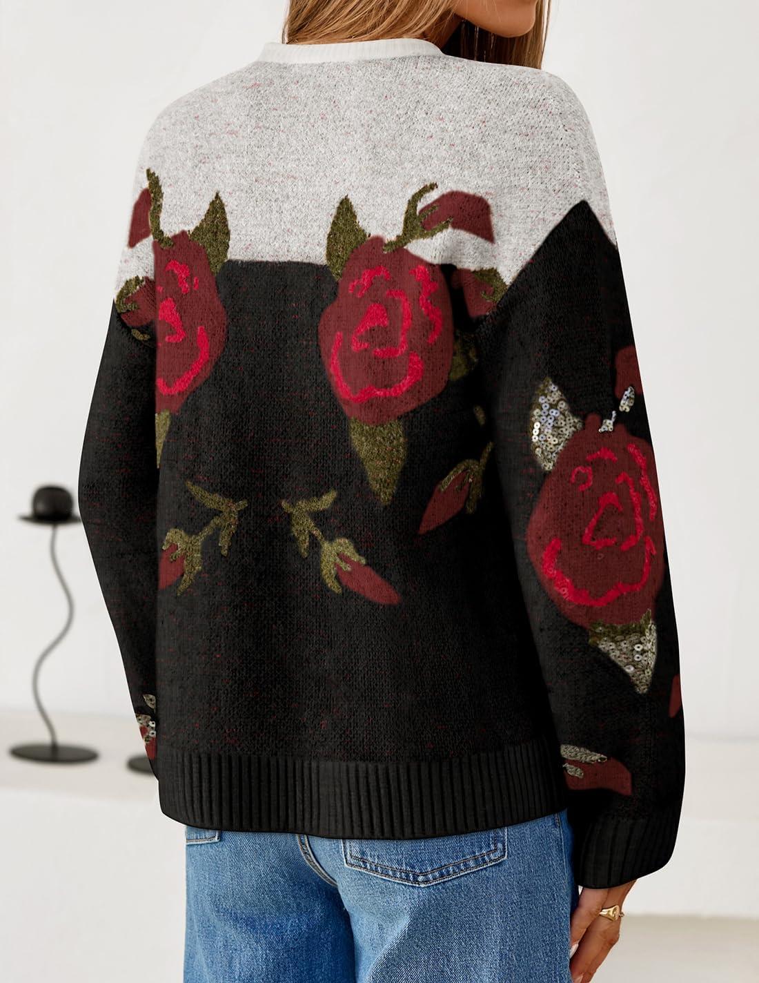 imageZESICA Womens Floral Oversized Sweaters 2026 Fall Crewneck Long Sleeve Casual Chunky Knit Pullover Sweater TopsBlack