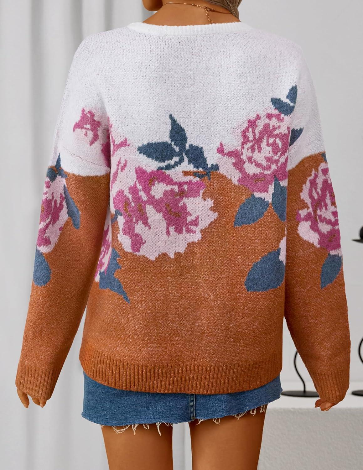 imageZESICA Womens Floral Oversized Sweaters 2026 Fall Crewneck Long Sleeve Casual Chunky Knit Pullover Sweater TopsCaramel