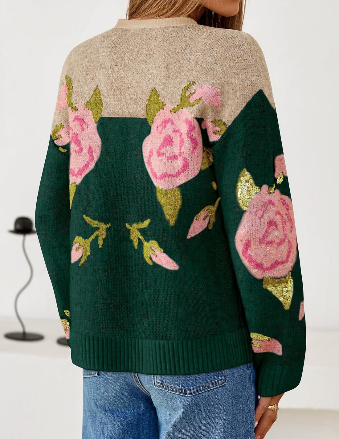 imageZESICA Womens Floral Oversized Sweaters 2026 Fall Crewneck Long Sleeve Casual Chunky Knit Pullover Sweater TopsGreen