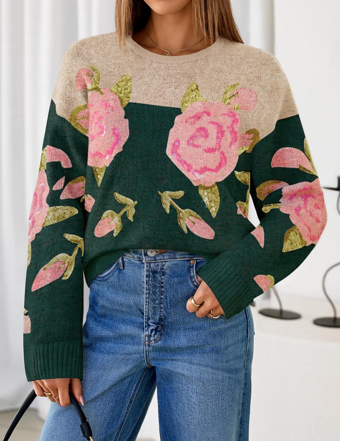 imageZESICA Womens Floral Oversized Sweaters 2026 Fall Crewneck Long Sleeve Casual Chunky Knit Pullover Sweater TopsGreen