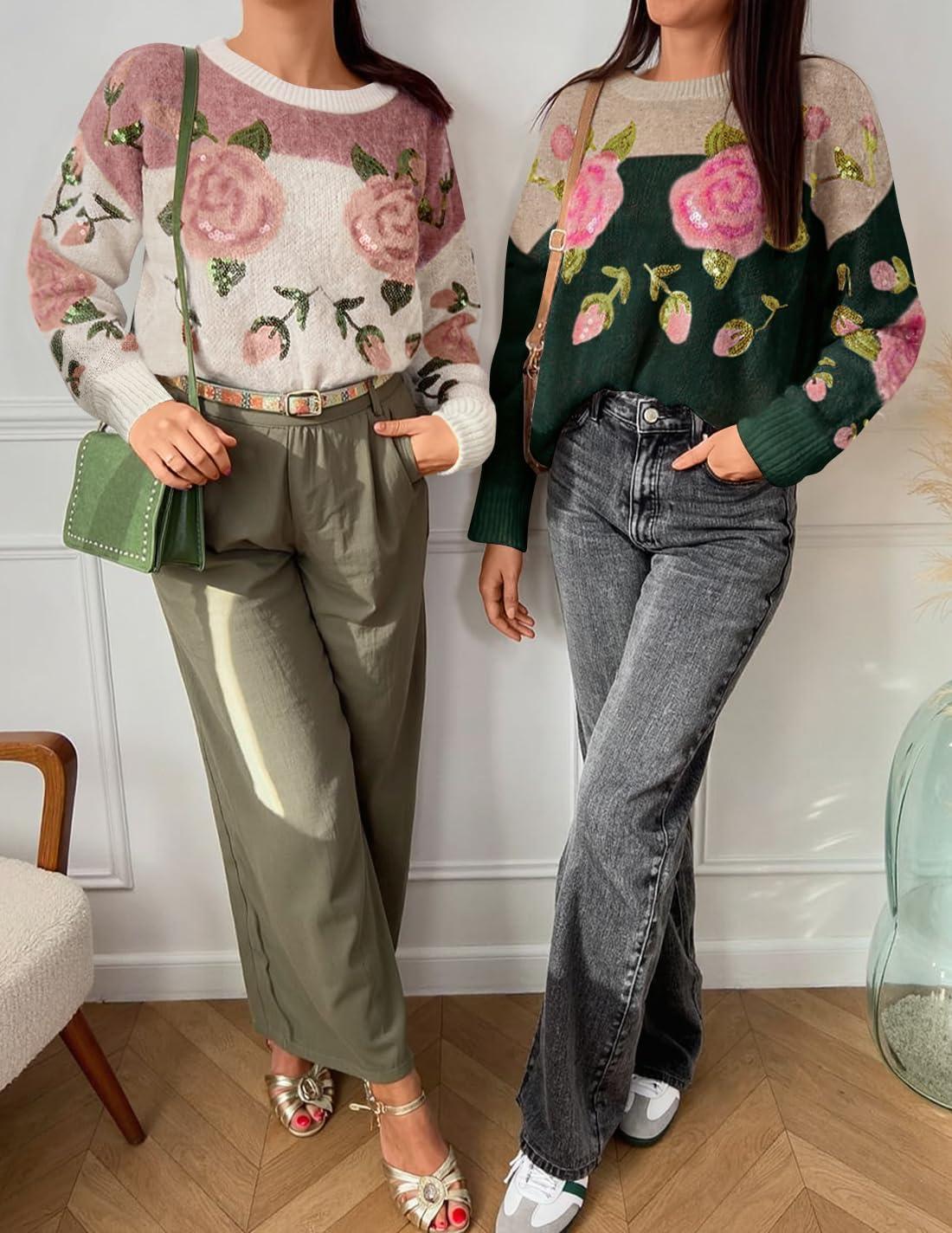 imageZESICA Womens Floral Oversized Sweaters 2026 Fall Crewneck Long Sleeve Casual Chunky Knit Pullover Sweater TopsGreen