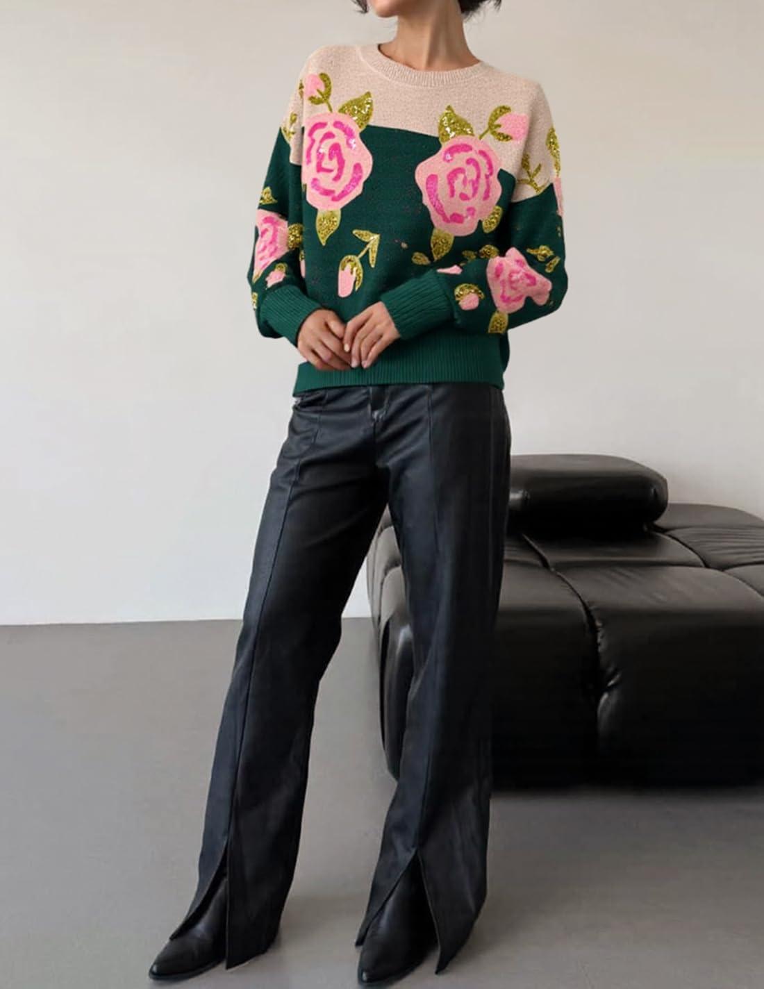 imageZESICA Womens Floral Oversized Sweaters 2026 Fall Crewneck Long Sleeve Casual Chunky Knit Pullover Sweater TopsGreen