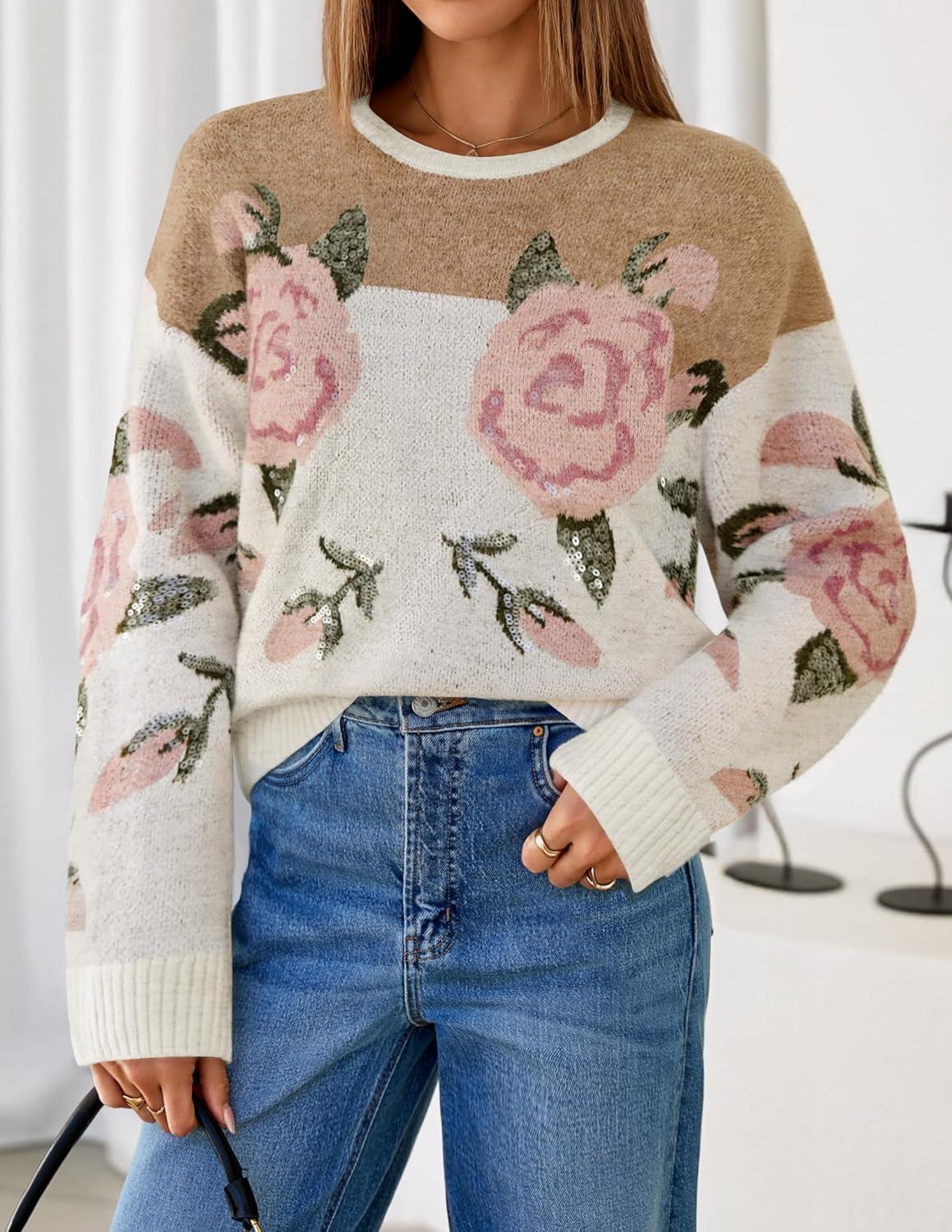 imageZESICA Womens Floral Oversized Sweaters 2026 Fall Crewneck Long Sleeve Casual Chunky Knit Pullover Sweater TopsKhaki