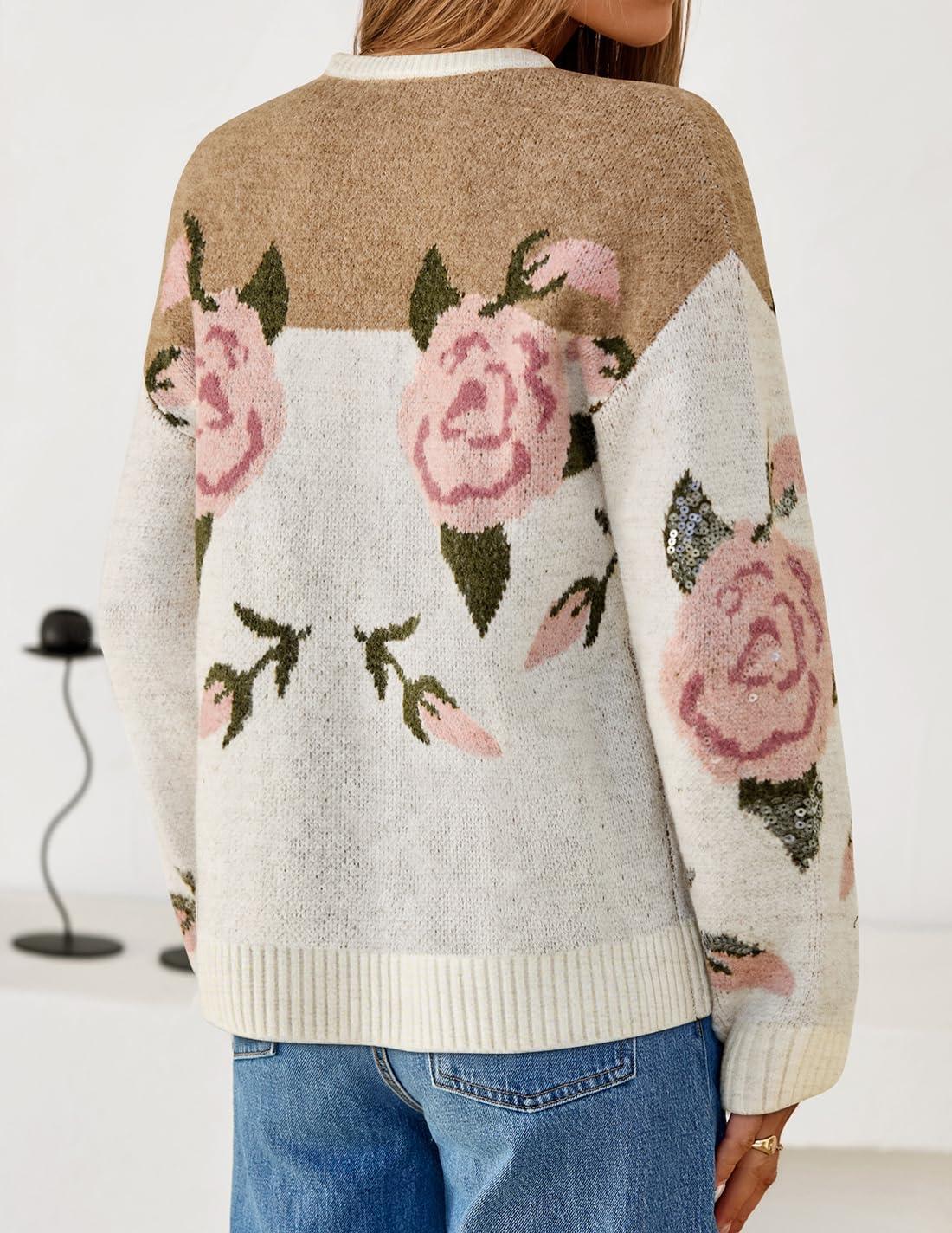 imageZESICA Womens Floral Oversized Sweaters 2026 Fall Crewneck Long Sleeve Casual Chunky Knit Pullover Sweater TopsKhaki
