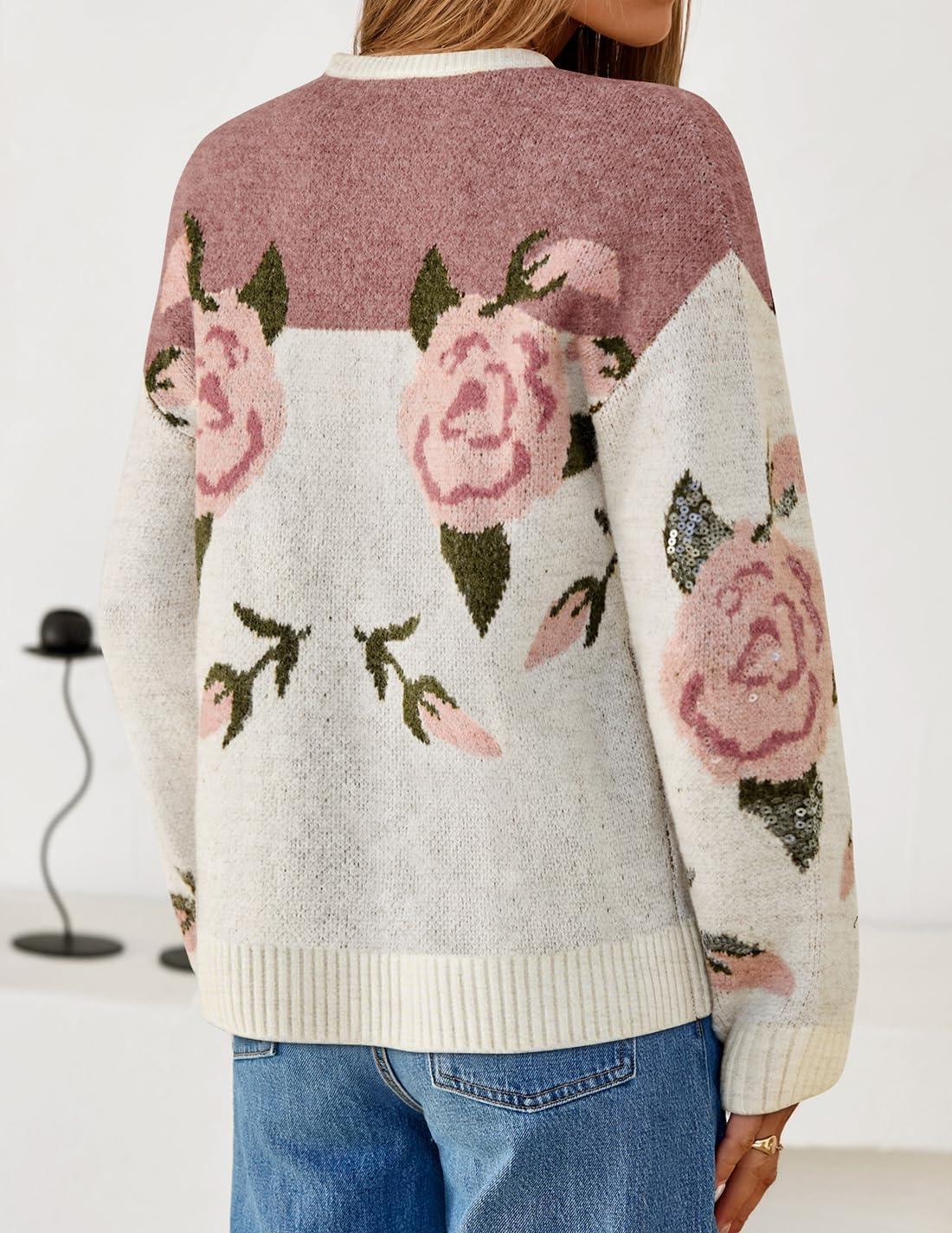 imageZESICA Womens Floral Oversized Sweaters 2026 Fall Crewneck Long Sleeve Casual Chunky Knit Pullover Sweater TopsPink
