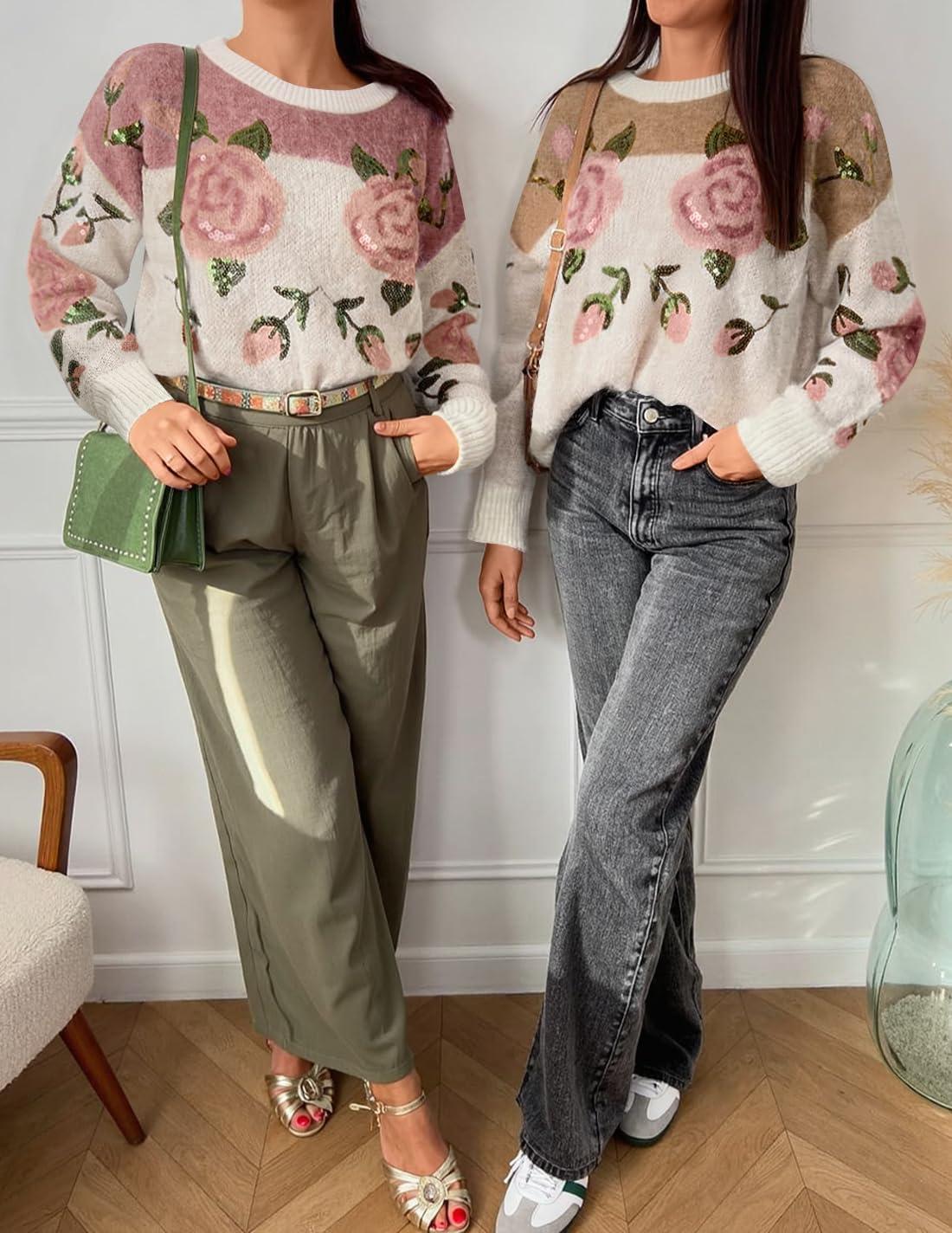 imageZESICA Womens Floral Oversized Sweaters 2026 Fall Crewneck Long Sleeve Casual Chunky Knit Pullover Sweater TopsPink