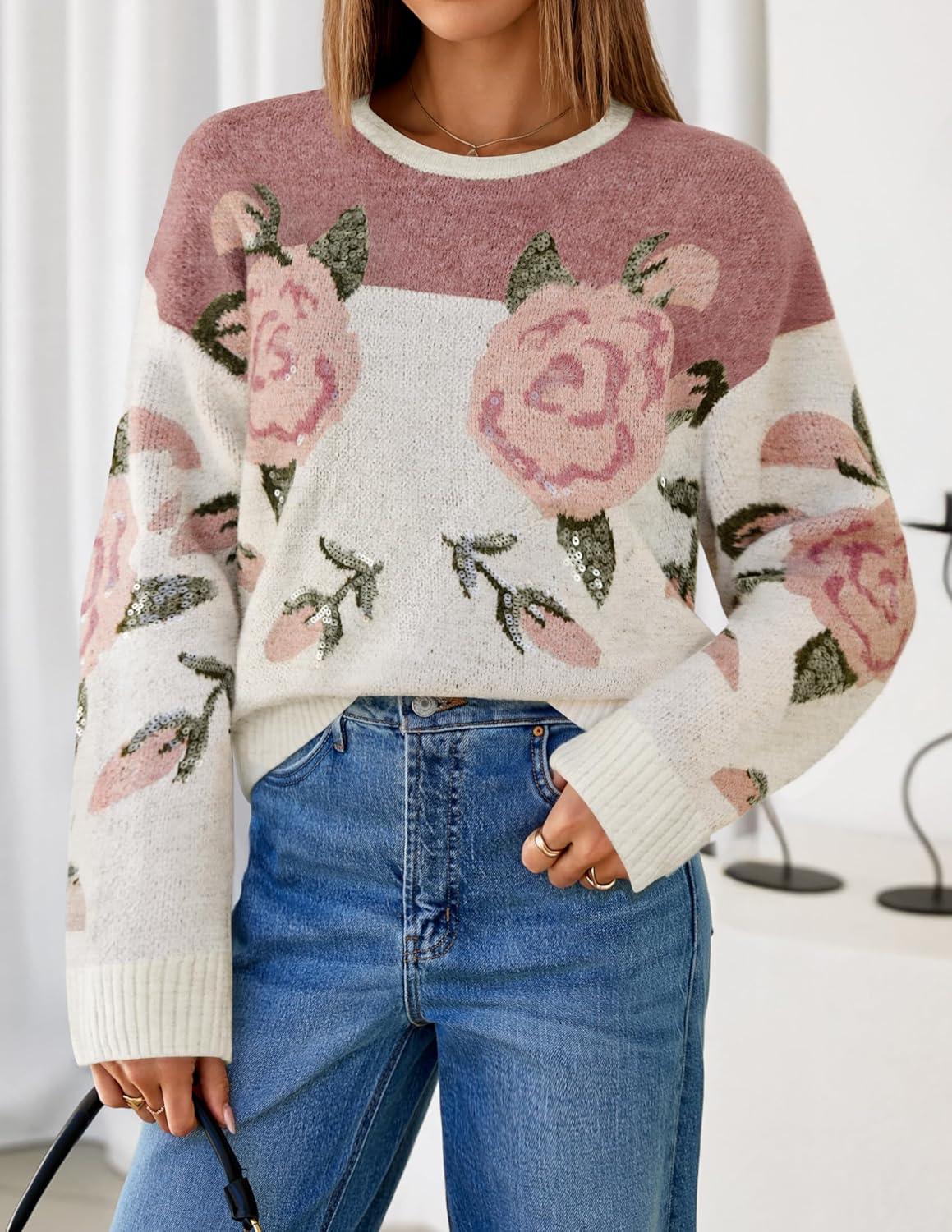 imageZESICA Womens Floral Oversized Sweaters 2026 Fall Crewneck Long Sleeve Casual Chunky Knit Pullover Sweater TopsPink