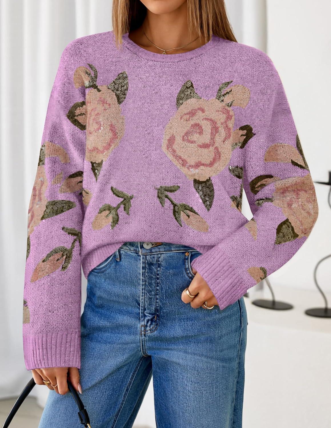 imageZESICA Womens Floral Oversized Sweaters 2026 Fall Crewneck Long Sleeve Casual Chunky Knit Pullover Sweater TopsPurple