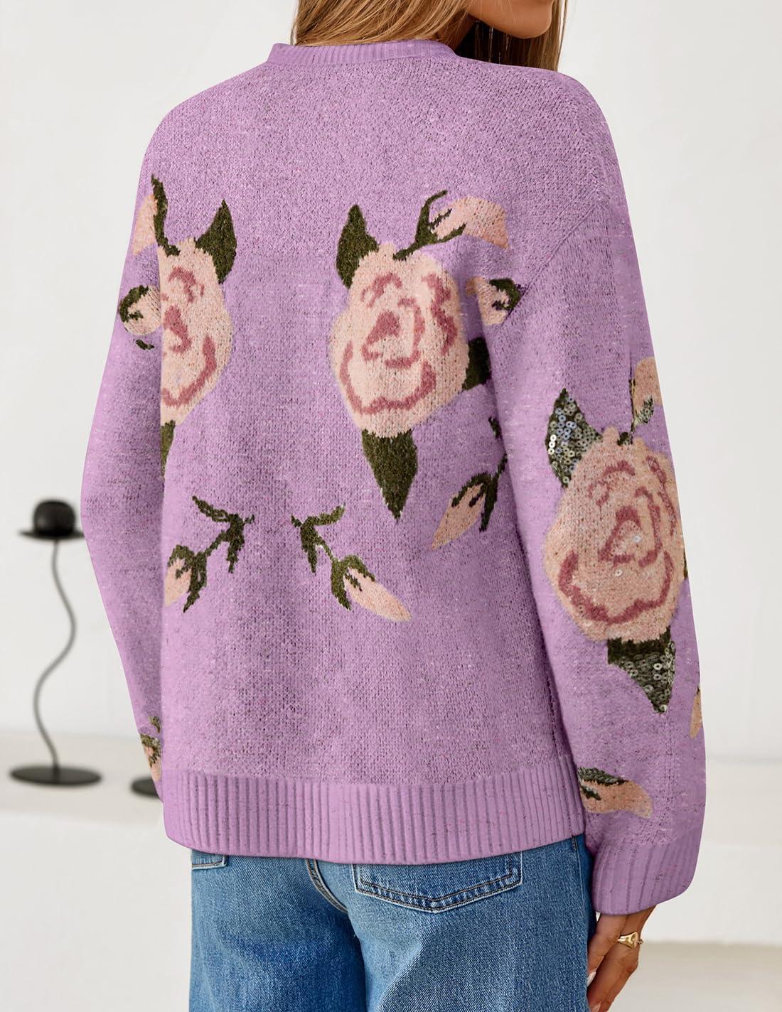 imageZESICA Womens Floral Oversized Sweaters 2026 Fall Crewneck Long Sleeve Casual Chunky Knit Pullover Sweater TopsPurple