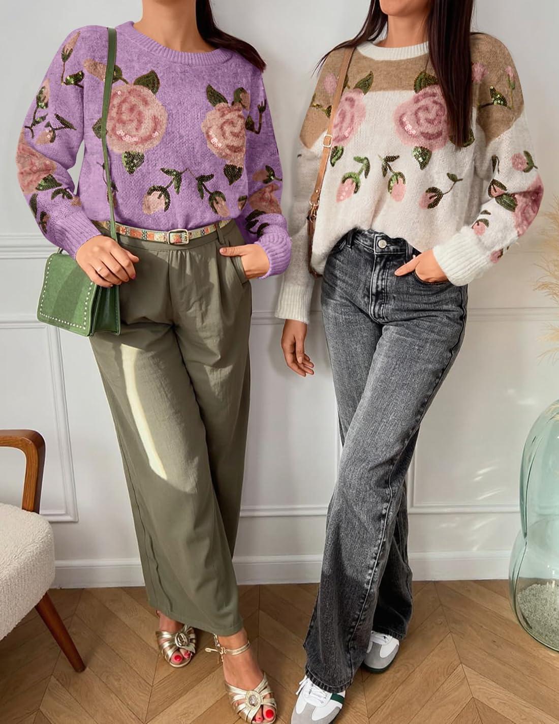imageZESICA Womens Floral Oversized Sweaters 2026 Fall Crewneck Long Sleeve Casual Chunky Knit Pullover Sweater TopsPurple