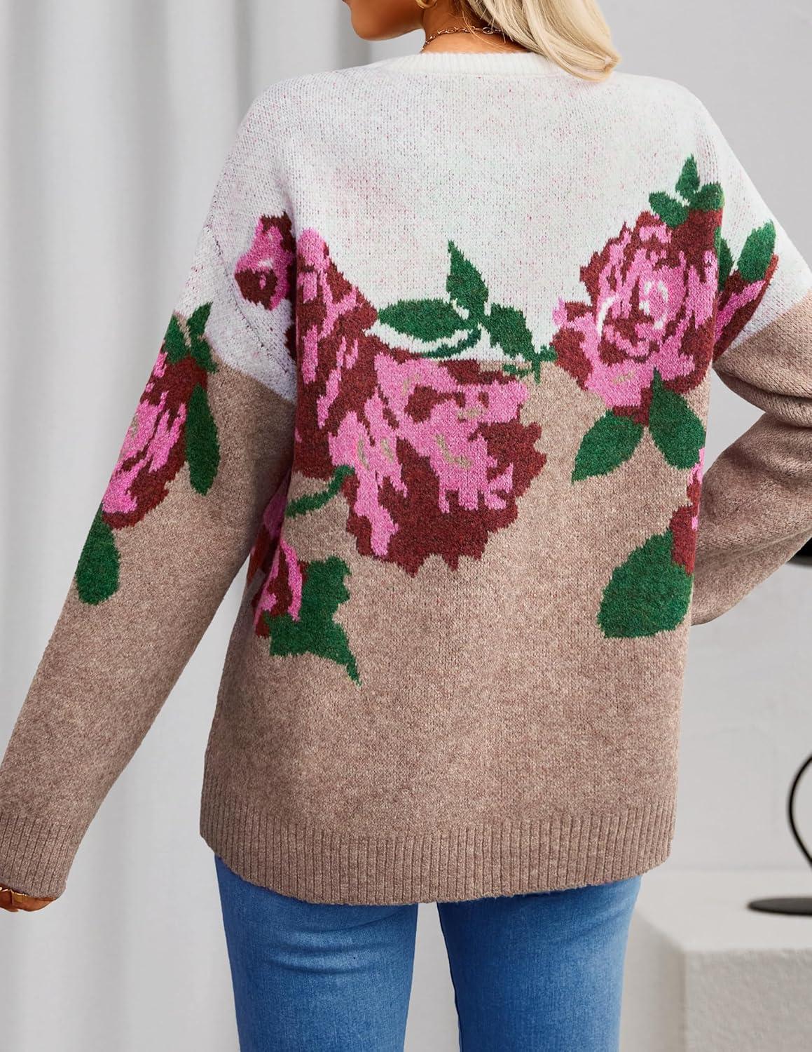 imageZESICA Womens Floral Oversized Sweaters 2026 Fall Crewneck Long Sleeve Casual Chunky Knit Pullover Sweater TopsRose Brown