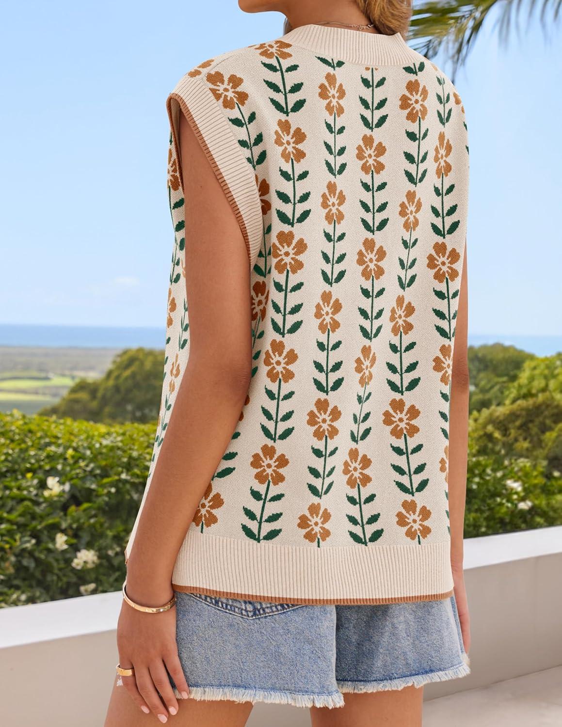 imageZESICA Womens Floral Sleeveless Sweater Vest 2026 Summer Oversized Cap Sleeve V Neck Loose Knit Tank Tops Casual OutfitsApricot