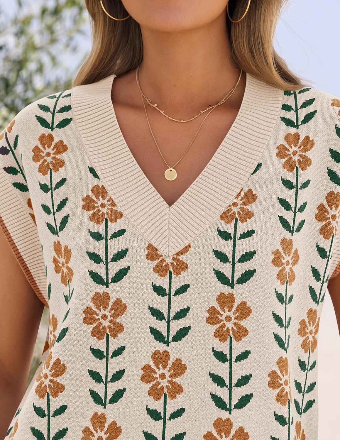imageZESICA Womens Floral Sleeveless Sweater Vest 2026 Summer Oversized Cap Sleeve V Neck Loose Knit Tank Tops Casual OutfitsApricot