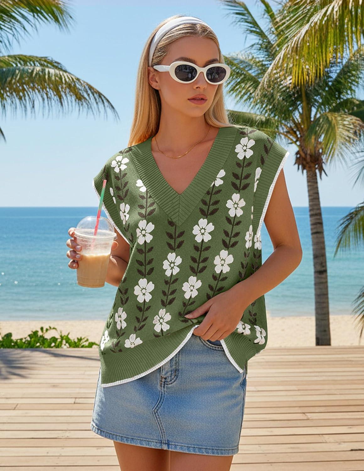 imageZESICA Womens Floral Sleeveless Sweater Vest 2026 Summer Oversized Cap Sleeve V Neck Loose Knit Tank Tops Casual OutfitsDustygreen