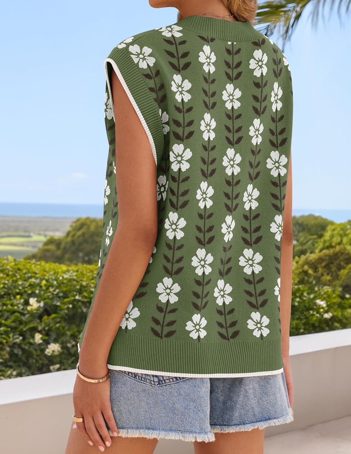 imageZESICA Womens Floral Sleeveless Sweater Vest 2026 Summer Oversized Cap Sleeve V Neck Loose Knit Tank Tops Casual OutfitsDustygreen
