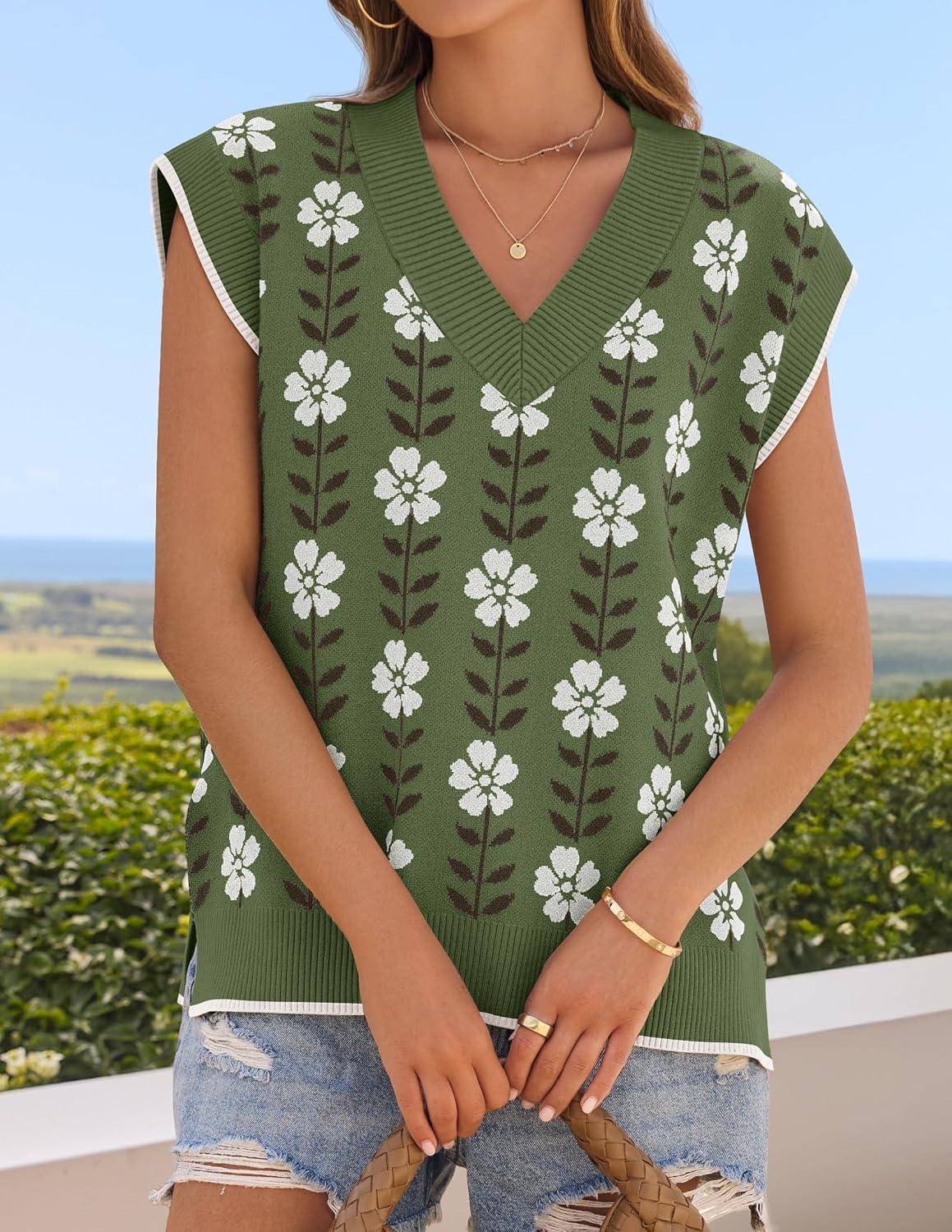 imageZESICA Womens Floral Sleeveless Sweater Vest 2026 Summer Oversized Cap Sleeve V Neck Loose Knit Tank Tops Casual OutfitsDustygreen