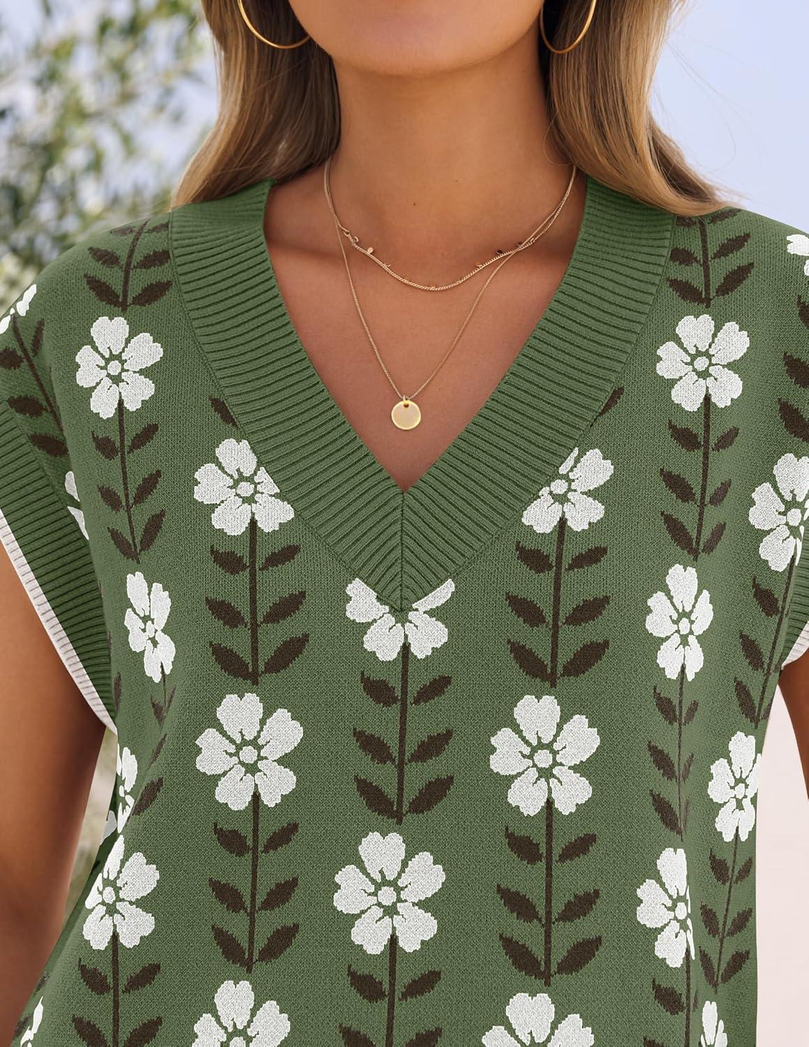 imageZESICA Womens Floral Sleeveless Sweater Vest 2026 Summer Oversized Cap Sleeve V Neck Loose Knit Tank Tops Casual OutfitsDustygreen