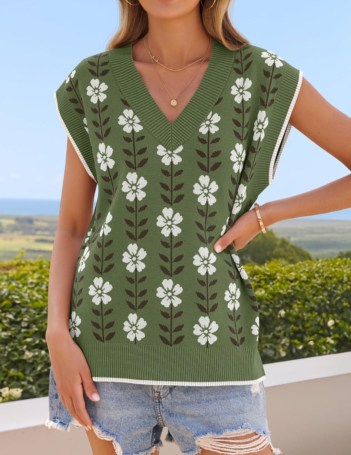 imageZESICA Womens Floral Sleeveless Sweater Vest 2026 Summer Oversized Cap Sleeve V Neck Loose Knit Tank Tops Casual OutfitsDustygreen
