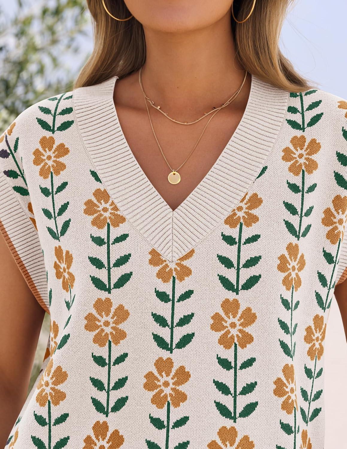 imageZESICA Womens Floral Sleeveless Sweater Vest 2026 Summer Oversized Cap Sleeve V Neck Loose Knit Tank Tops Casual OutfitsWhite