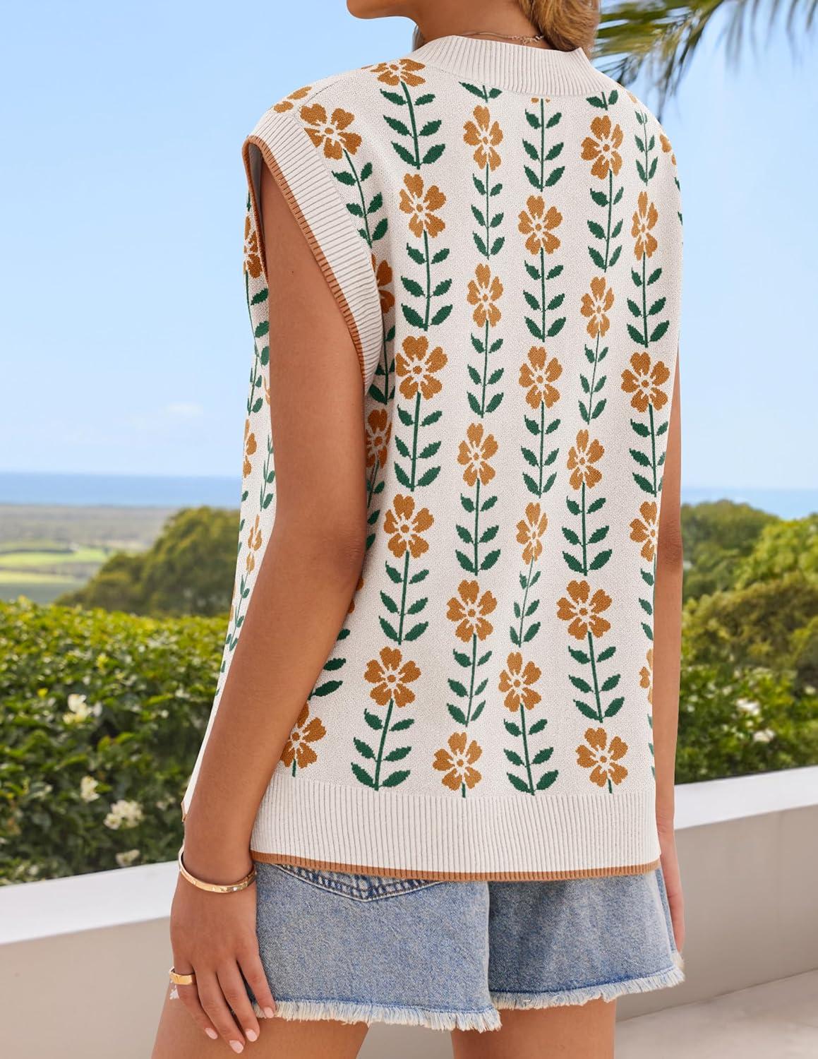 imageZESICA Womens Floral Sleeveless Sweater Vest 2026 Summer Oversized Cap Sleeve V Neck Loose Knit Tank Tops Casual OutfitsWhite