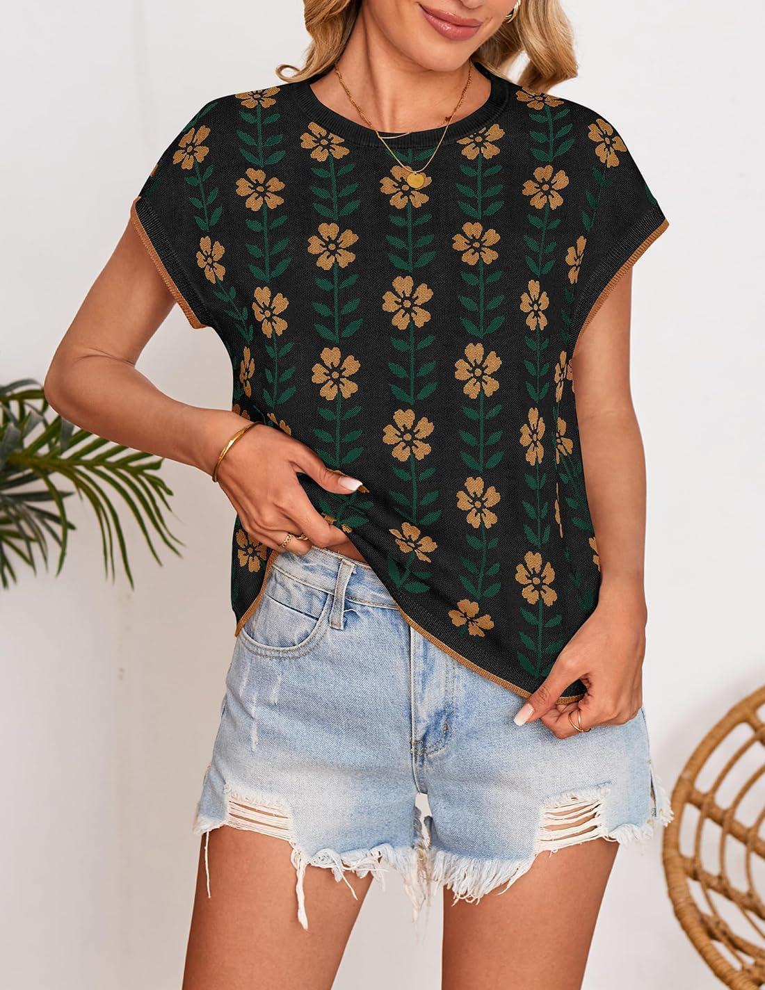imageZESICA Womens Floral Sweater Vest Summer Short Sleeve Crew Neck Cute Loose Knit Tops 2026 Trendy Clothes OutfitsBlack